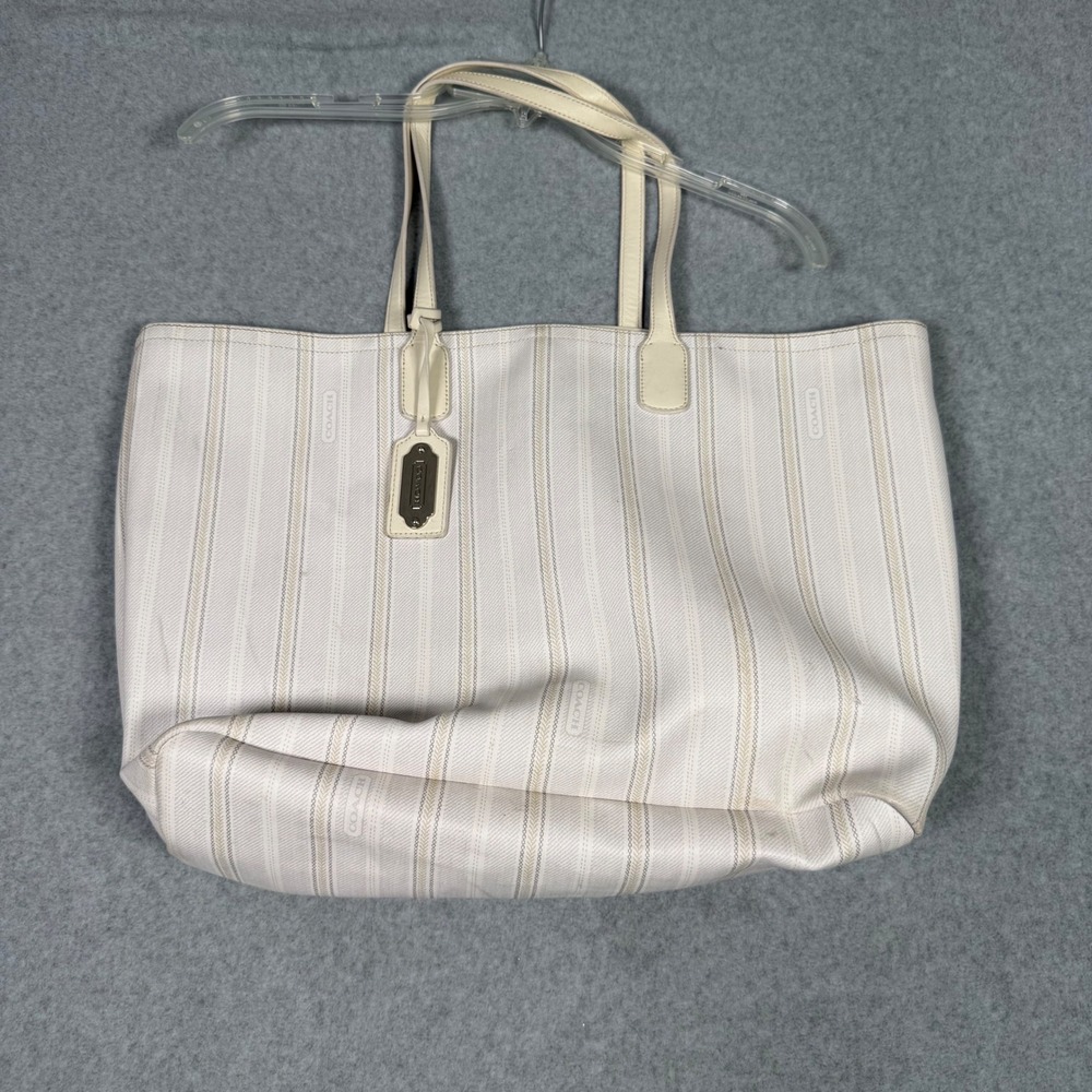 Coach Legacy Weekend Ticking Stripe Tote Bag White Neutral Coated Canvas
